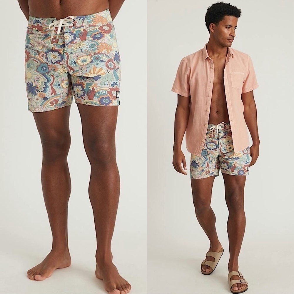 NWT MARINE LAYER Men’s Groovy Vintage Tropical Print 6.5” Inseam Board Shorts 30